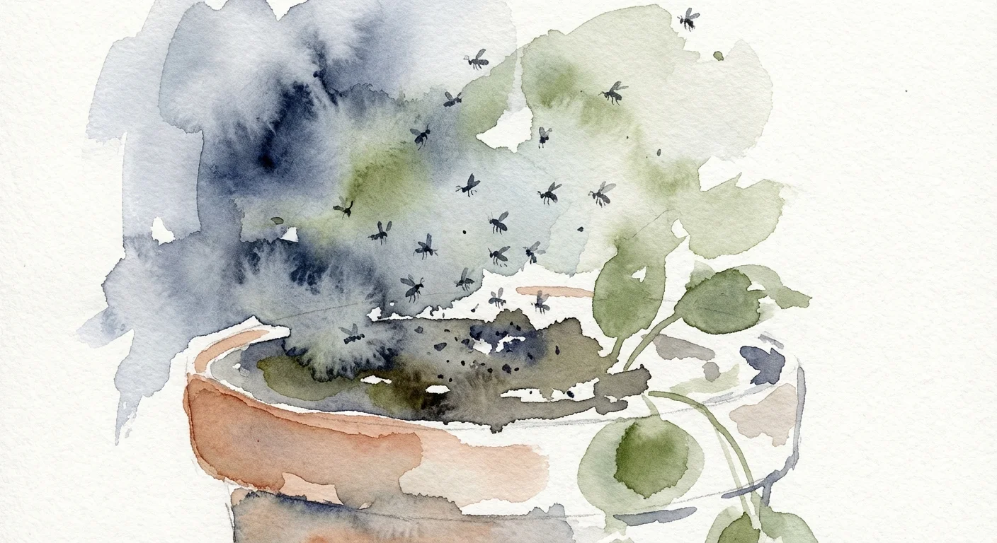 Watercolor illustration of tiny gnats flying around a potted plant.