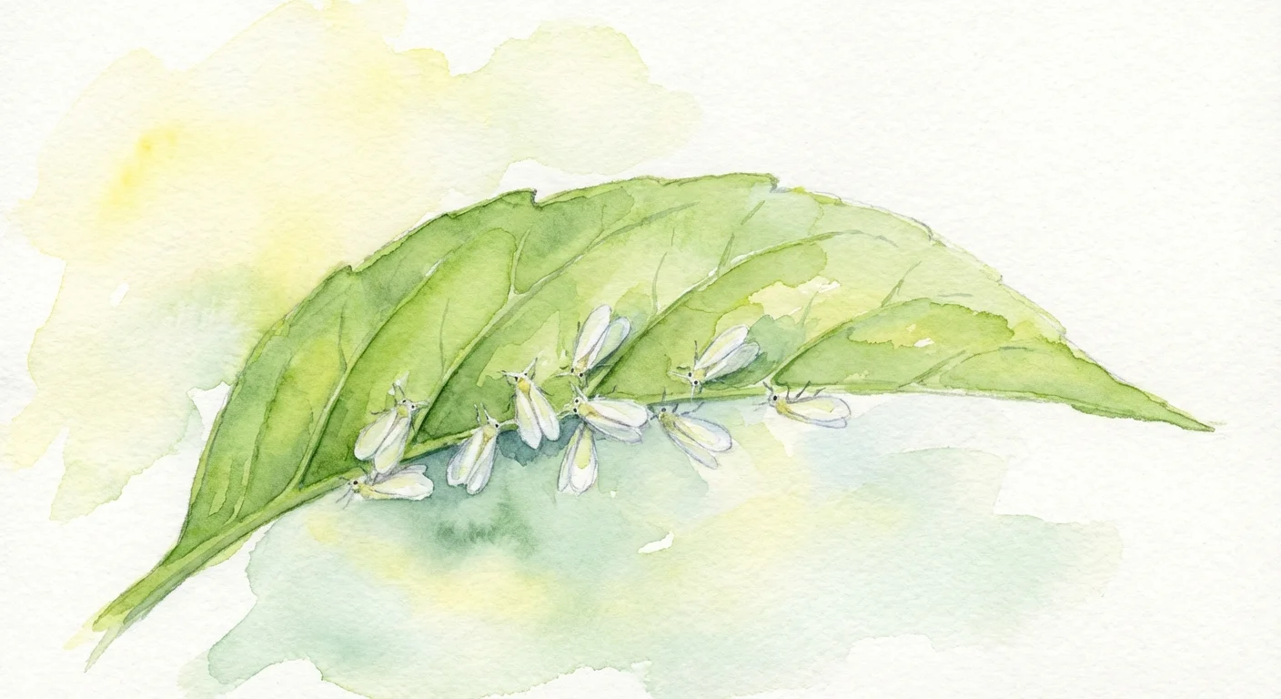 Watercolor illustration of tiny whiteflies gathered under a green leaf.
