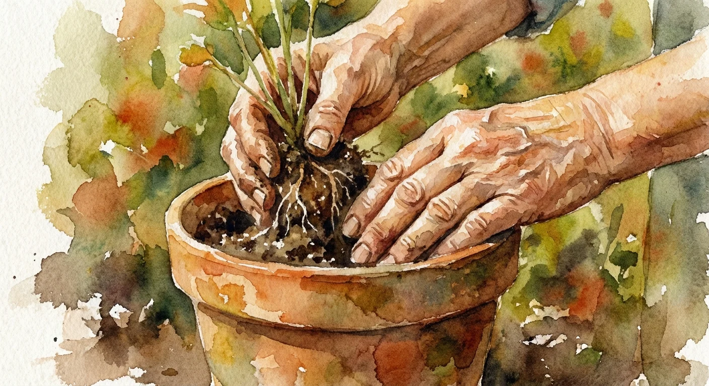 Watercolor of hands repotting a plant in a terracotta pot.