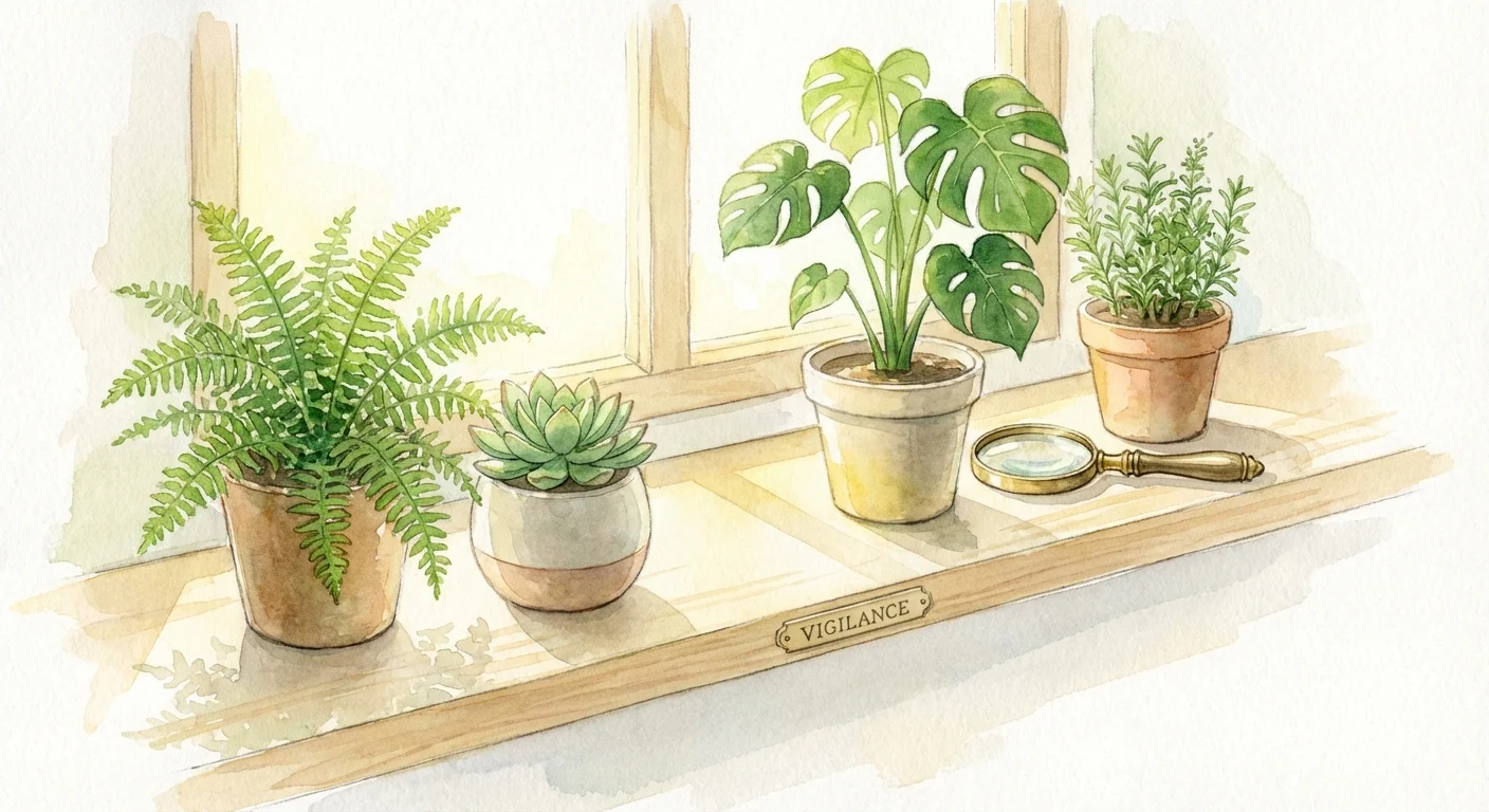 Watercolor of healthy plants on a shelf with a magnifying glass.