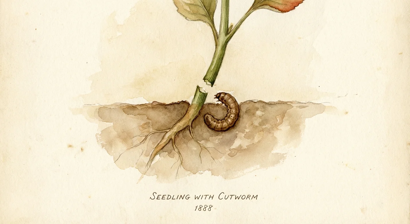 Watercolor painting of a cutworm near a damaged seedling stem.