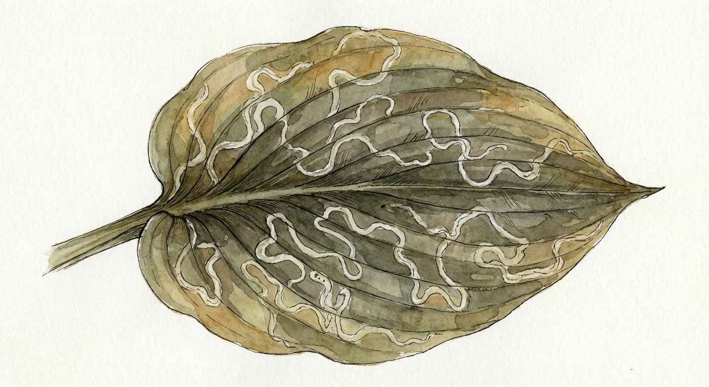 Watercolor painting of a leaf with winding white trails caused by leaf miners.