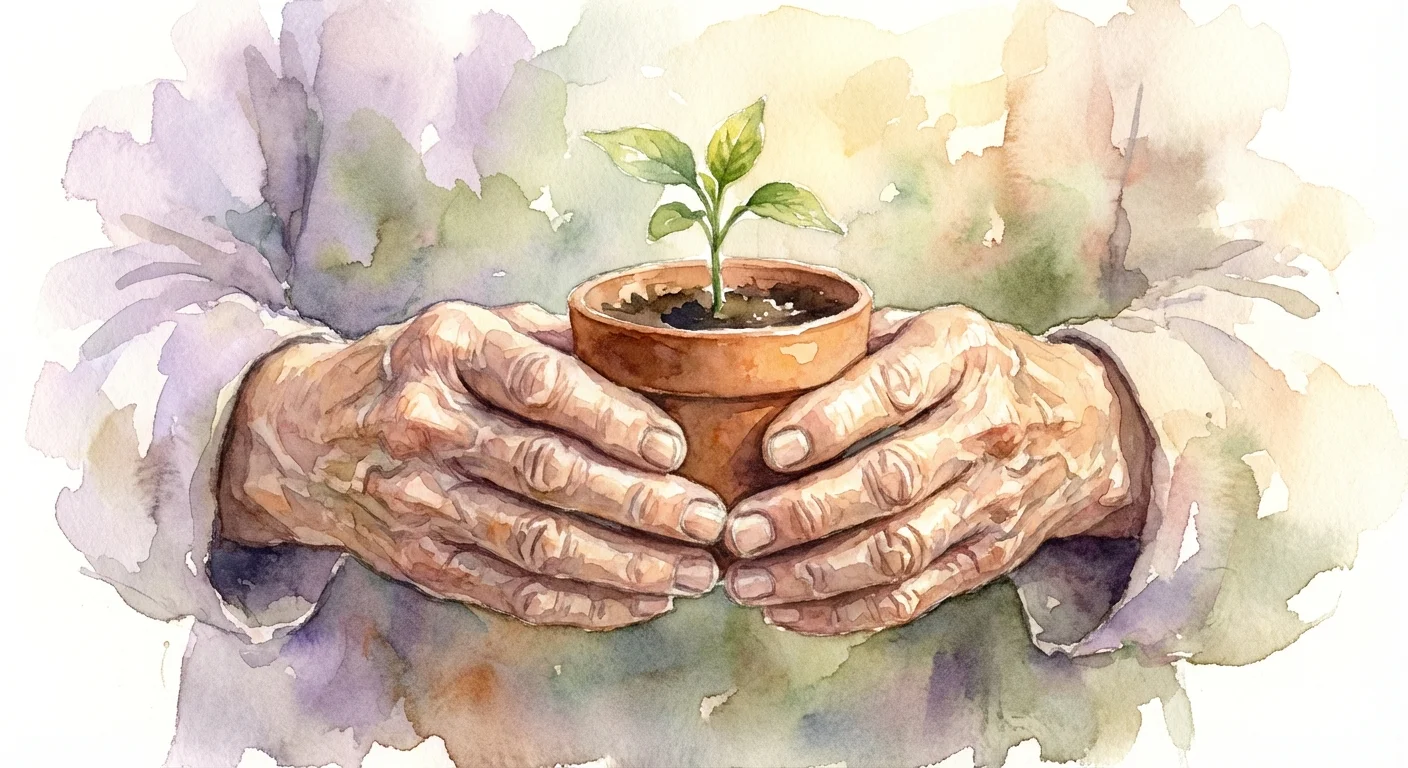 Watercolor painting of hands gently holding a small seedling in a clay pot.