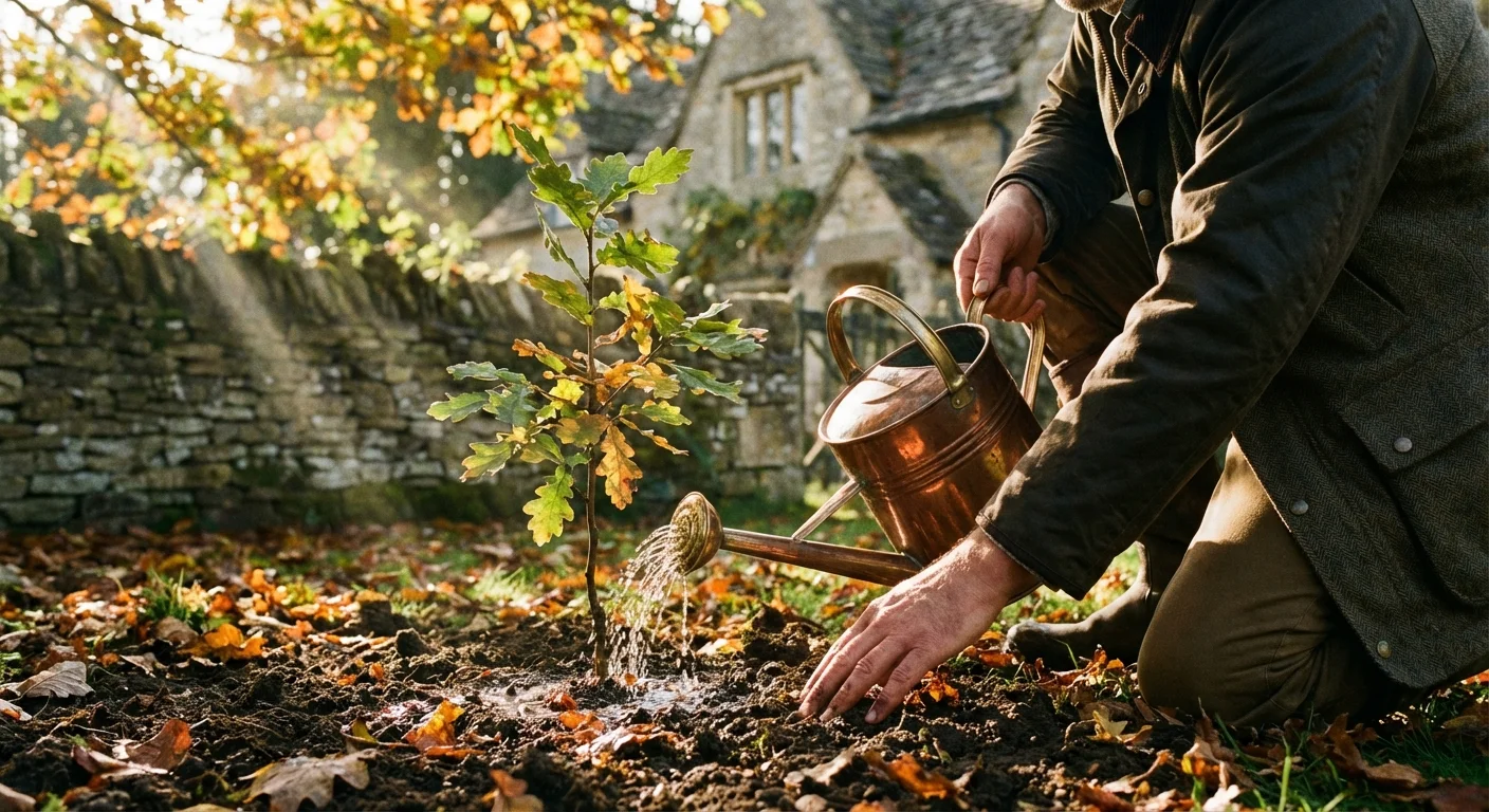 Watering a newly planted young tree in a backyard during fall.