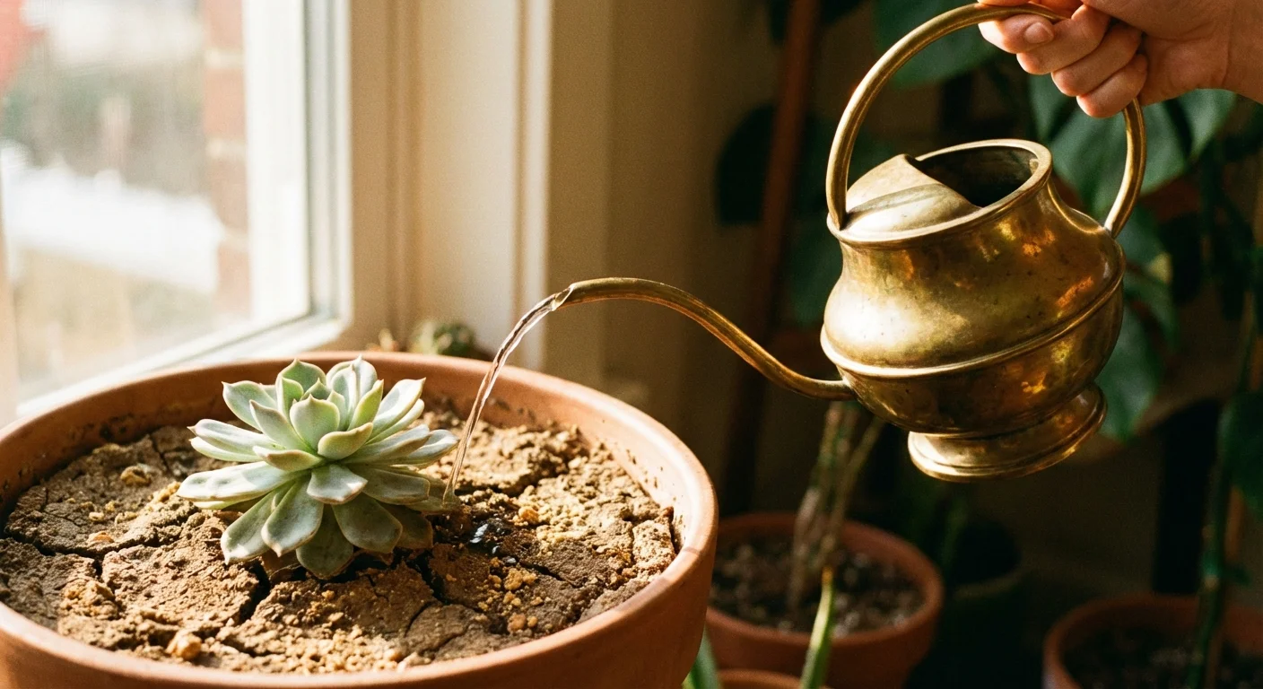 Watering a succulent plant with a gold watering can.