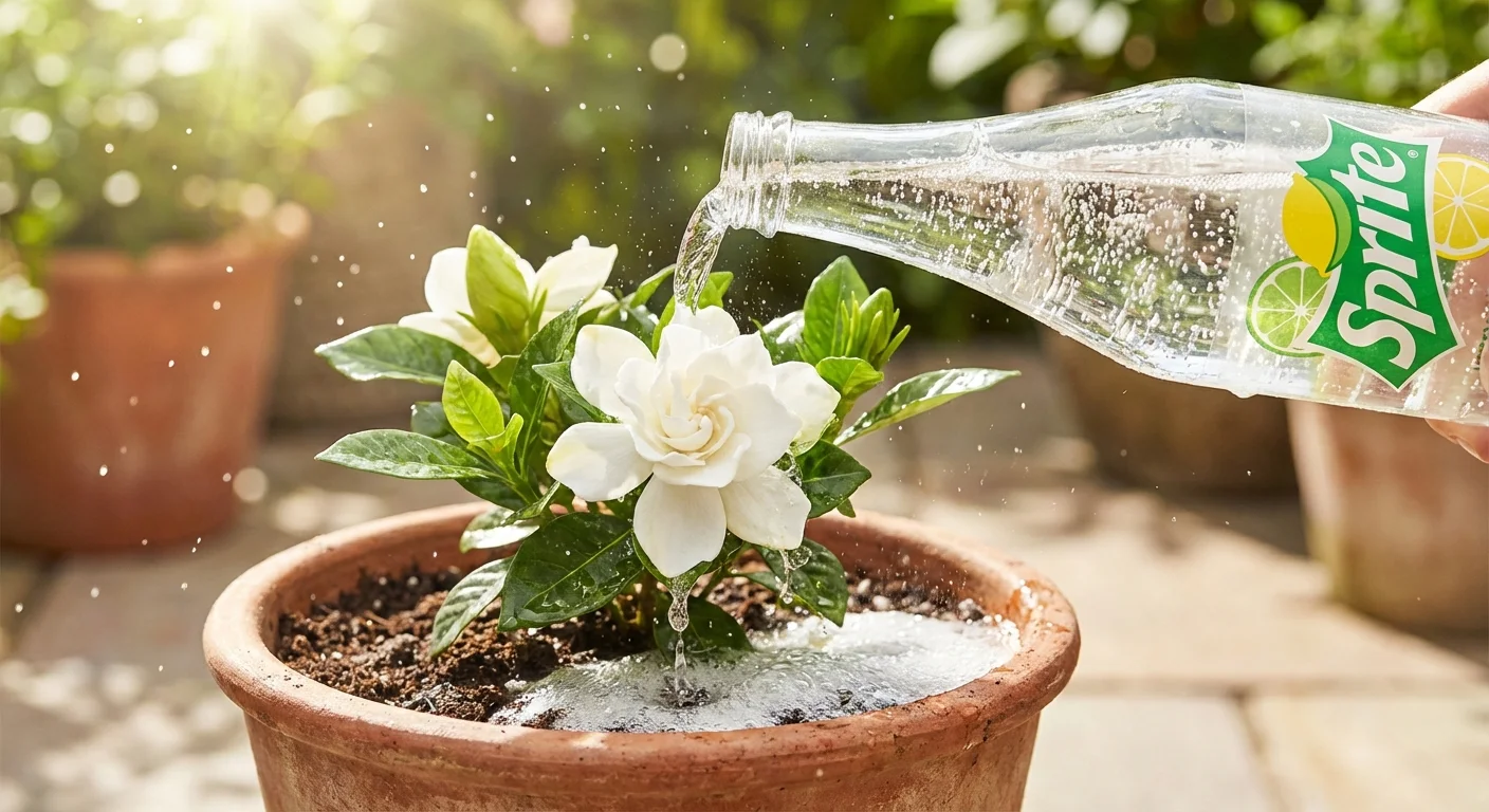 Watering a white Gardenia plant with lemon-lime soda.