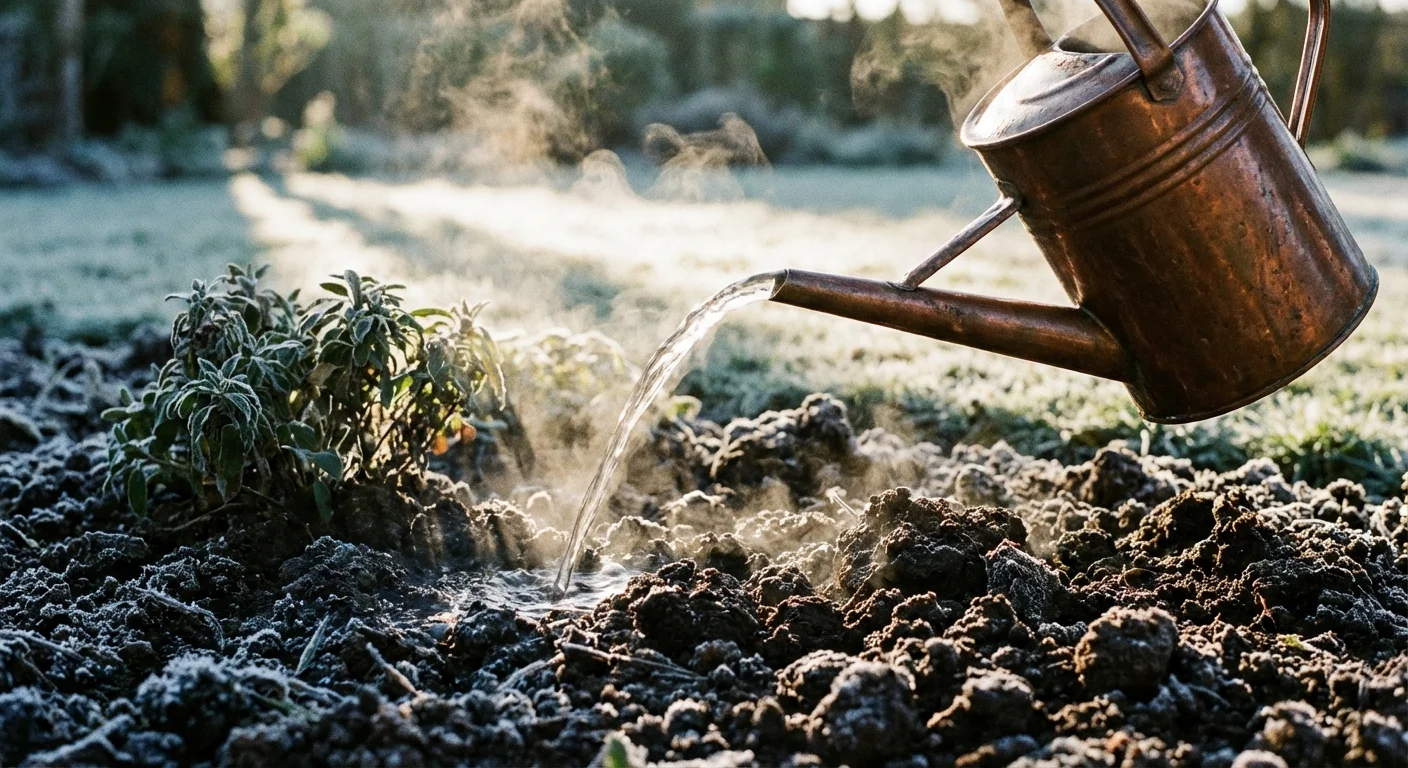 Watering the base of a plant with a copper can in a cold winter garden.