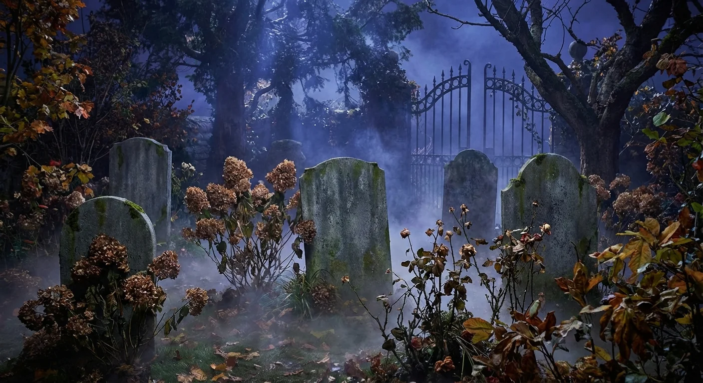 Weathered grey tombstones in a garden bed with low-lying fog.