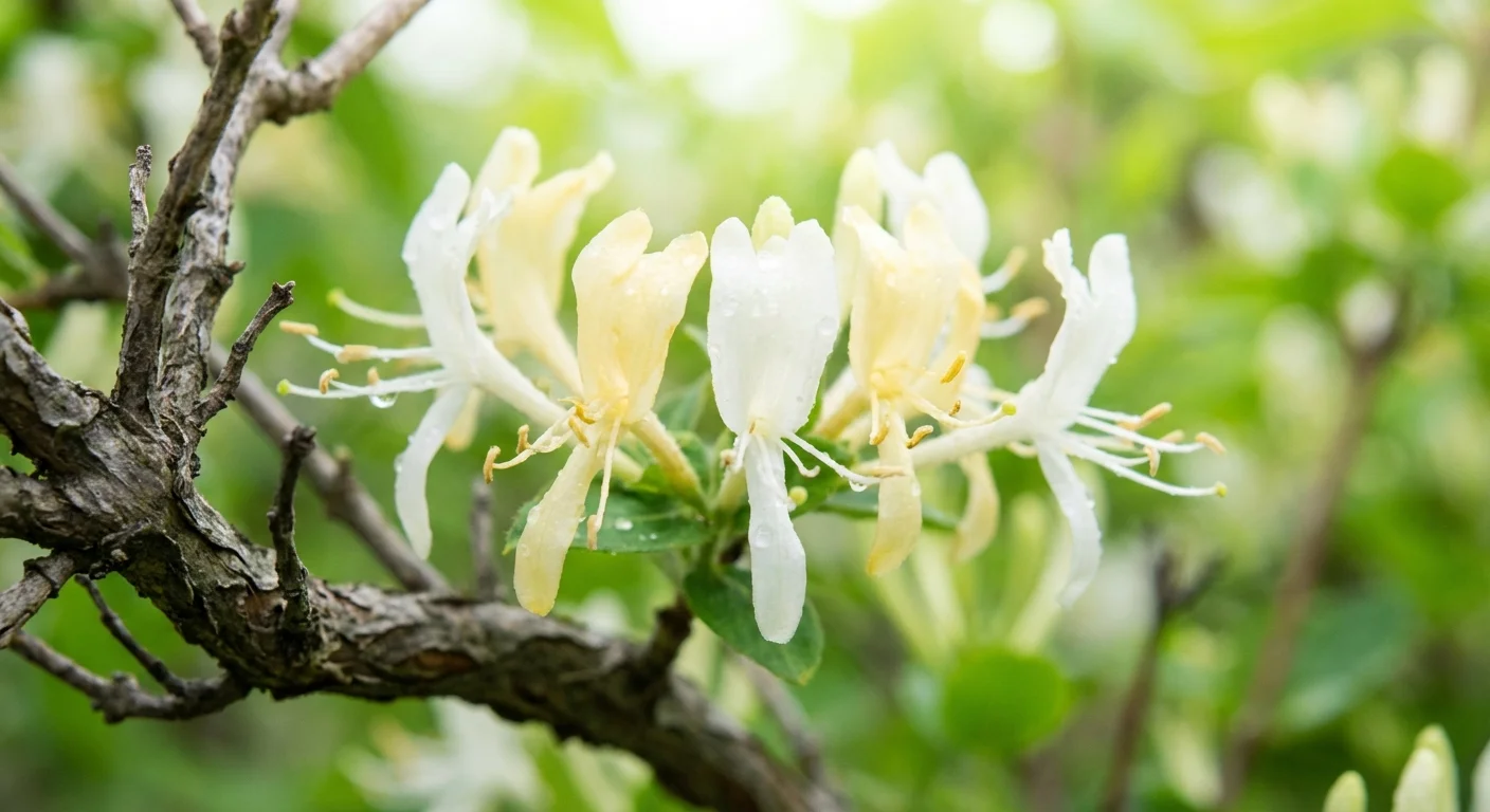 White and yellow Amur honeysuckle flowers in bloom.
