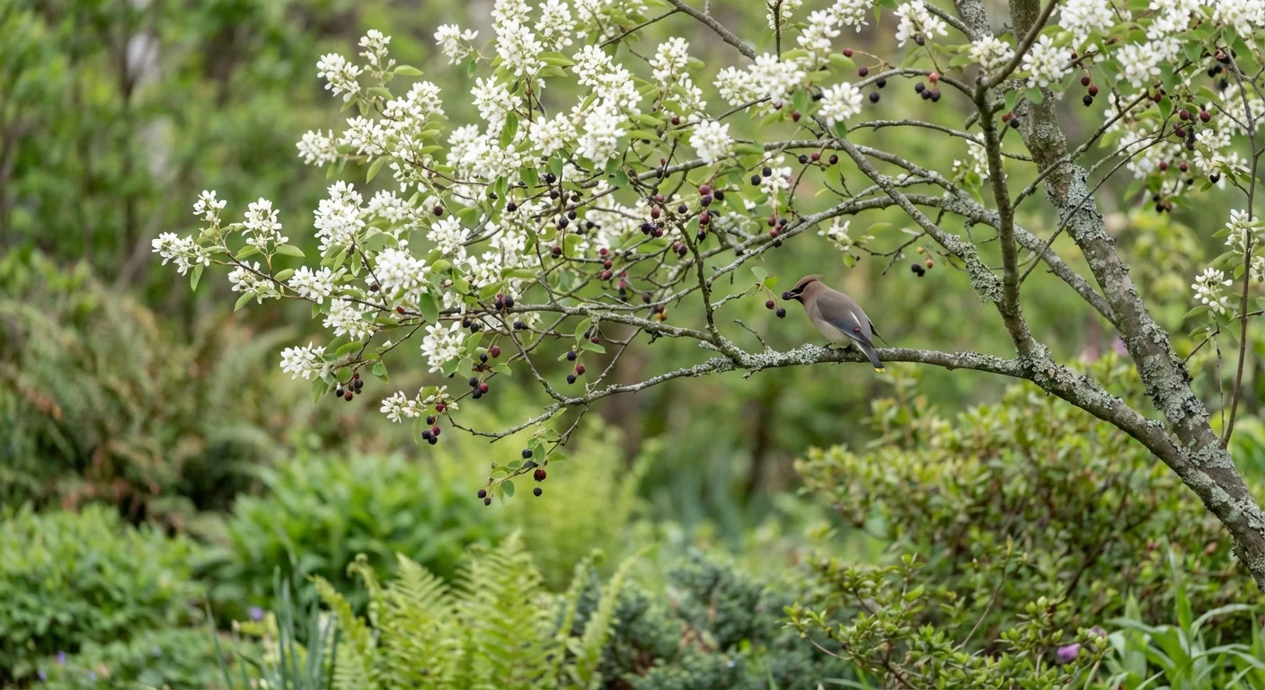 White flowers and berries on an Allegheny Serviceberry tree with a bird perched on a branch.