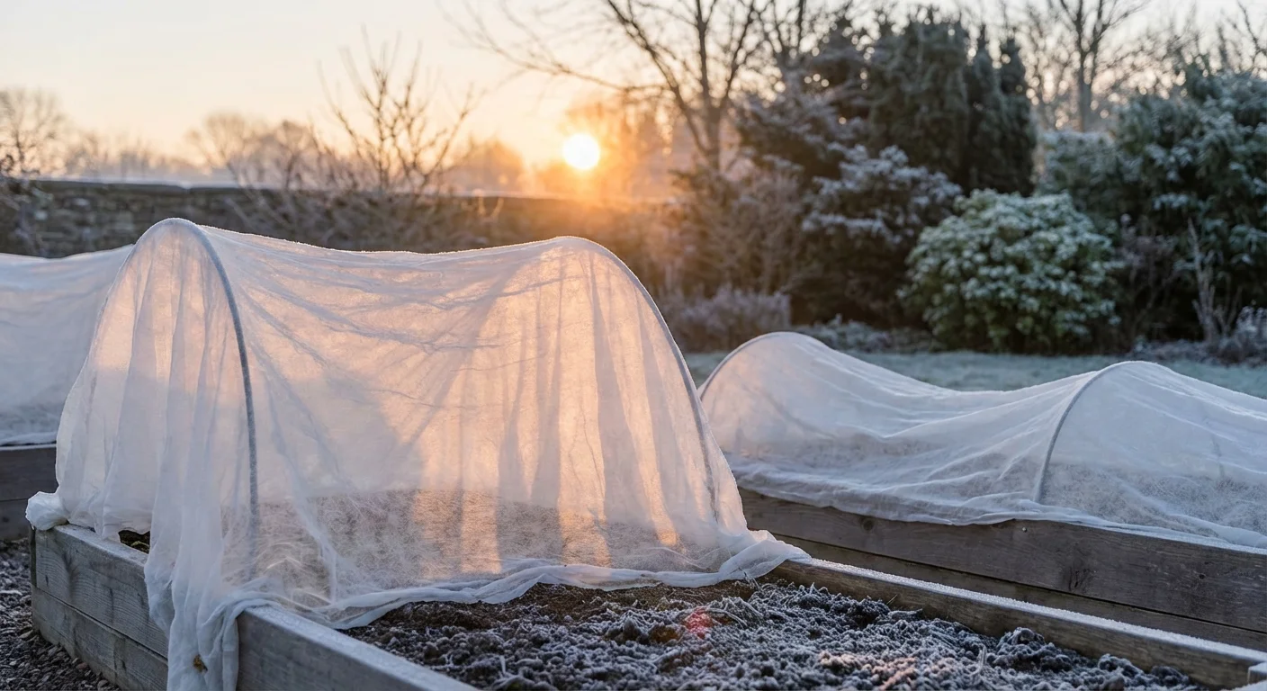 White frost cloths covering garden rows, glowing under the soft winter sun.