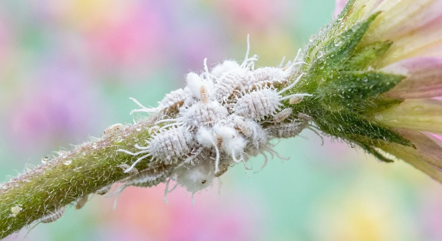 White fuzzy mealybugs clustered together on a green plant stem.