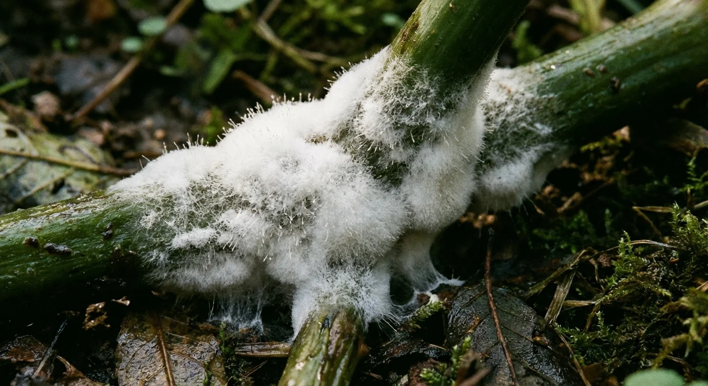 White fuzzy mold growing on a green plant stem in a garden.