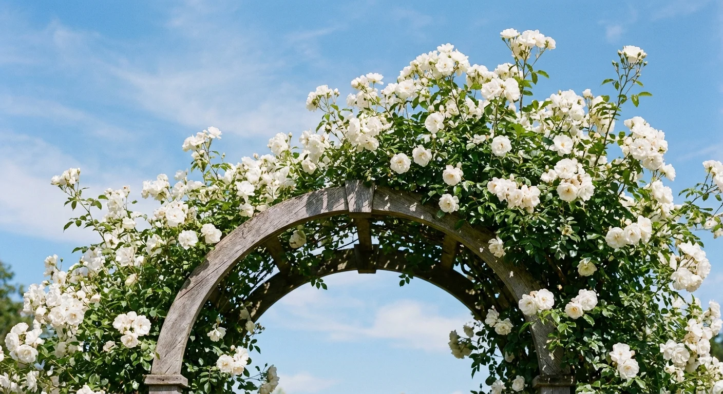 White Iceberg roses cascading over a wooden garden arch.