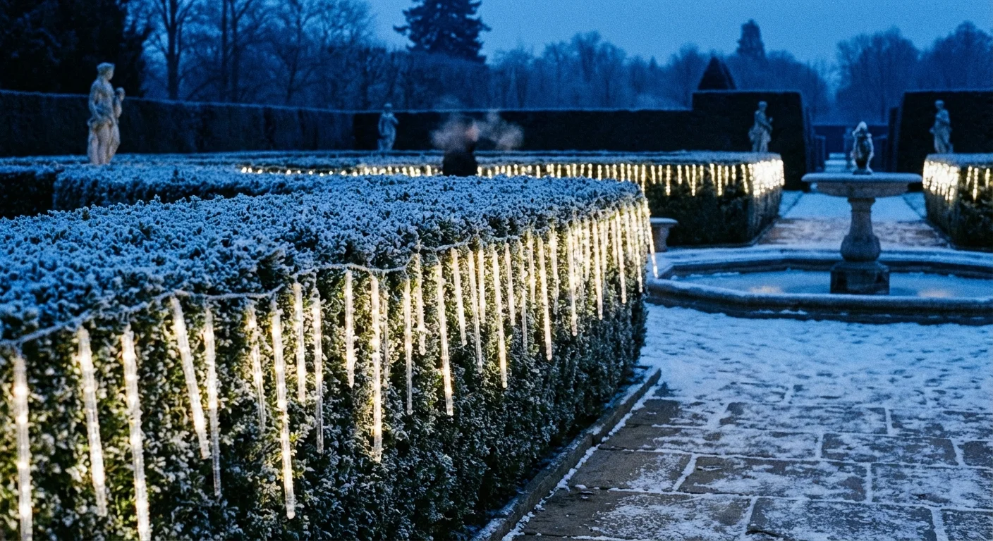 White icicle lights draped over a snowy garden hedge.
