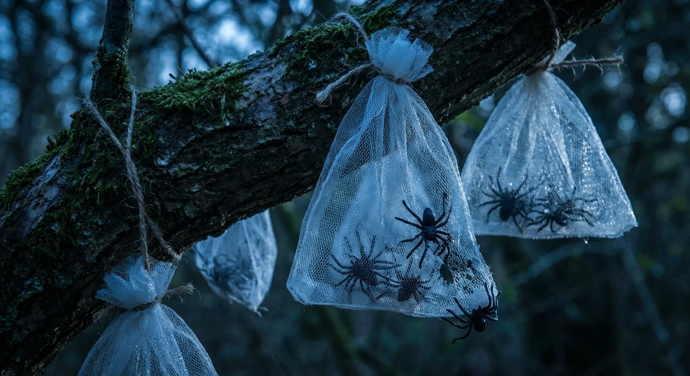 White mesh spider egg sacs hanging from a tree branch.