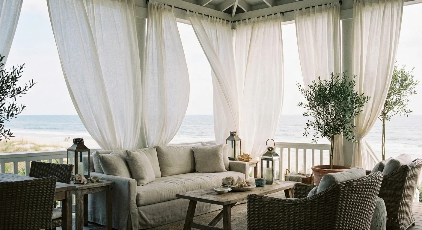 White outdoor curtains hanging on a porch to provide soft, flexible privacy.