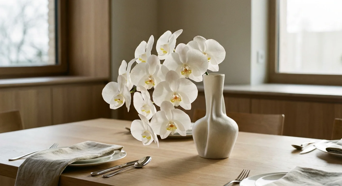 White Phalaenopsis Orchids in bloom on a dining table.