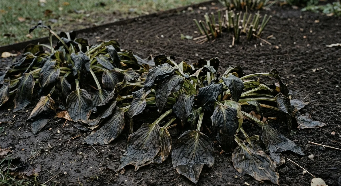 Wilted black hosta leaves on the ground in a late autumn garden.