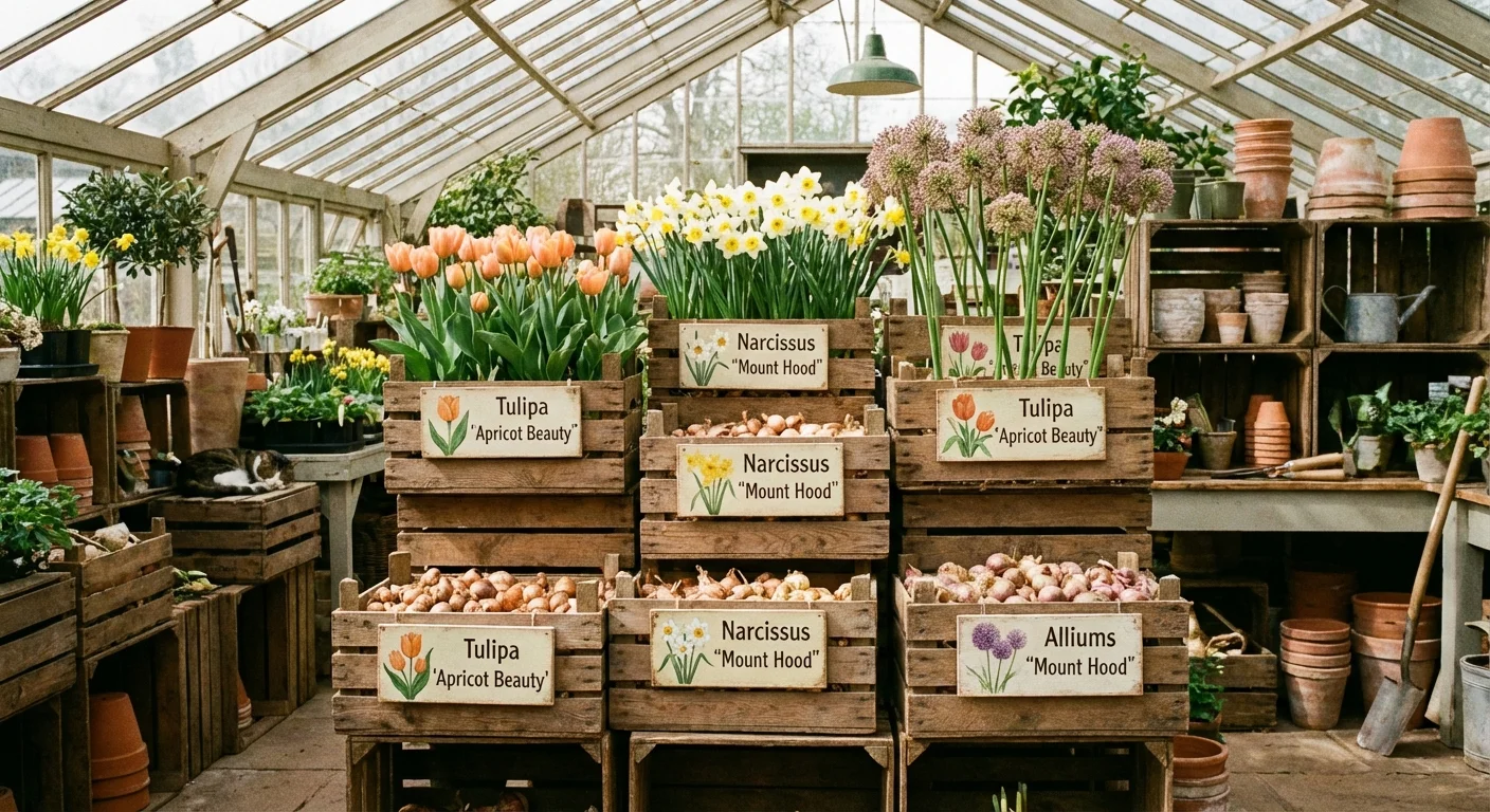 Wooden crates of flower bulbs for sale at a sunlit garden center.