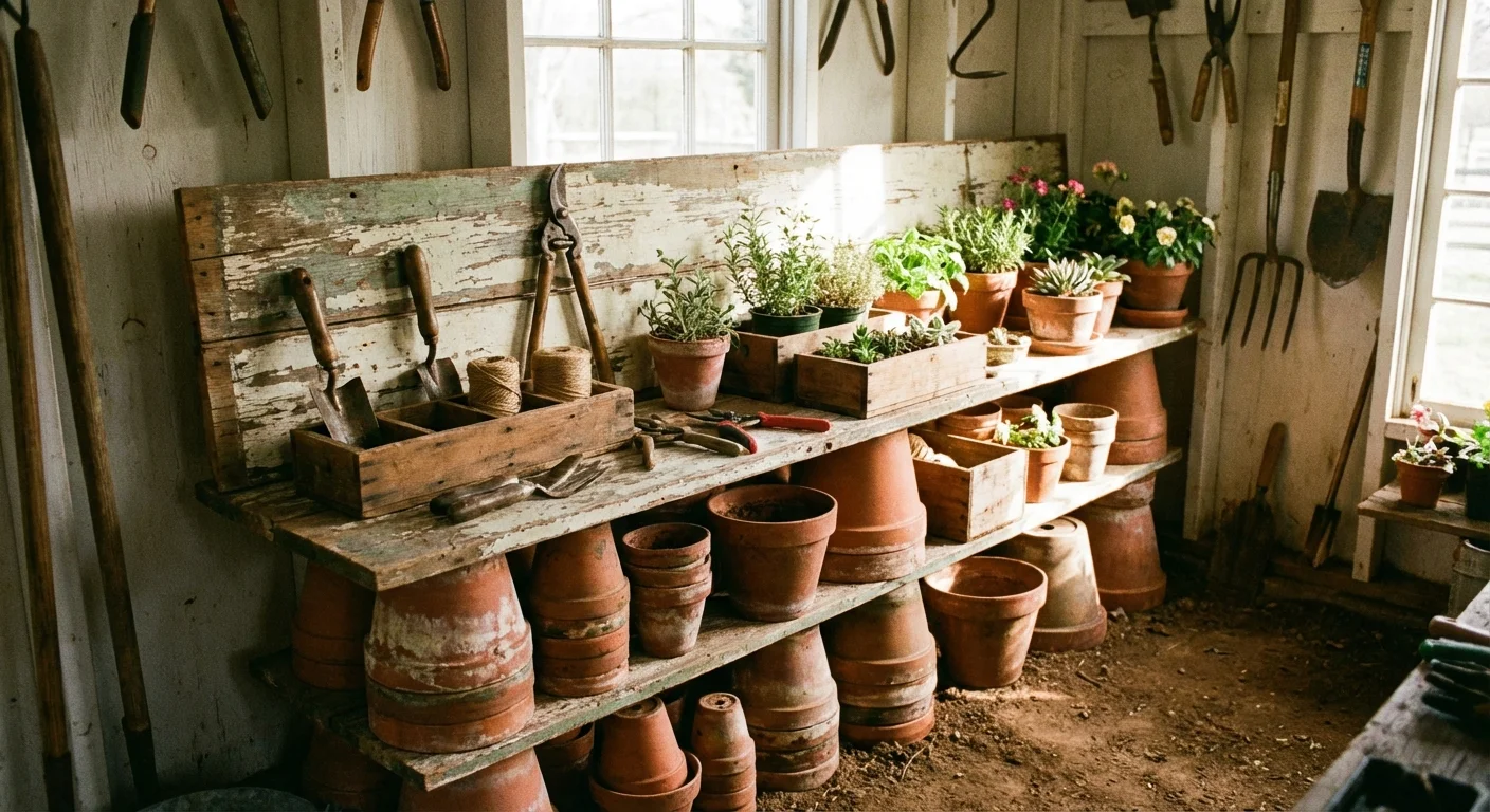 Wooden shelves supported by stacked terracotta pots inside a shed.