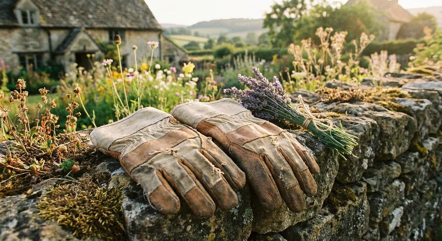Worn canvas and leather gardening gloves on a stone wall.