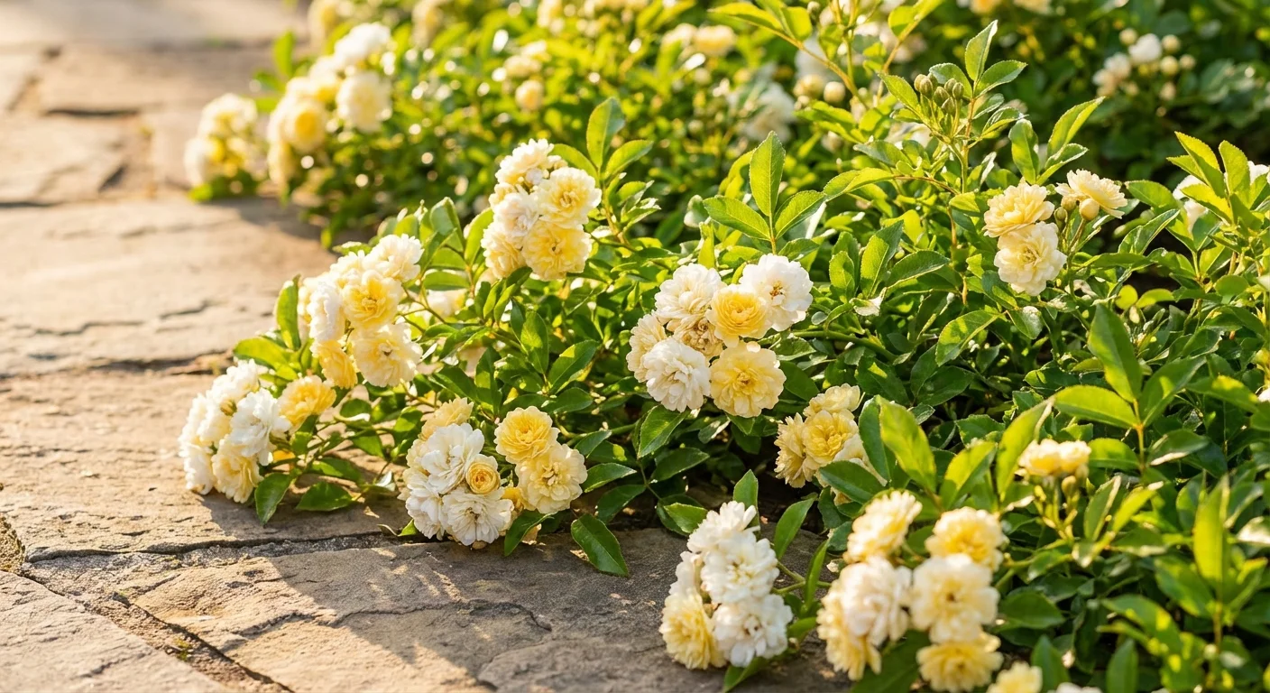 Yellow and white Popcorn Drift roses growing along a stone garden path.