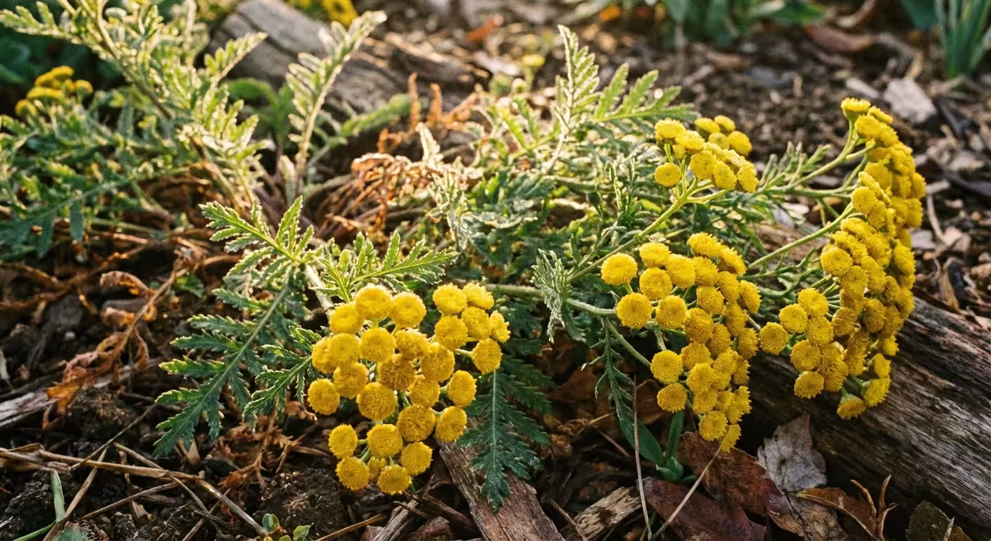 Yellow button-like Tansy flowers surrounded by fern-like green leaves.