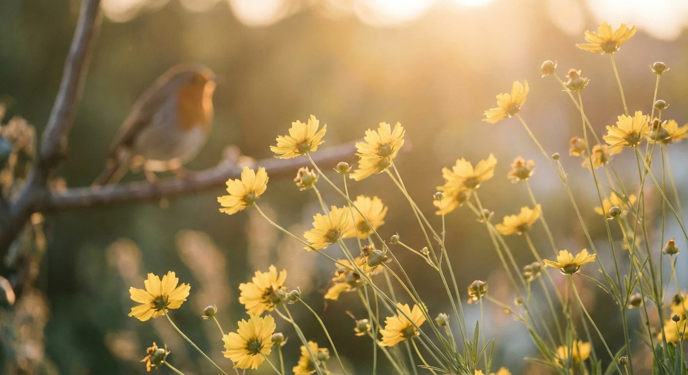 Yellow tickseed flowers in a bright, airy garden.