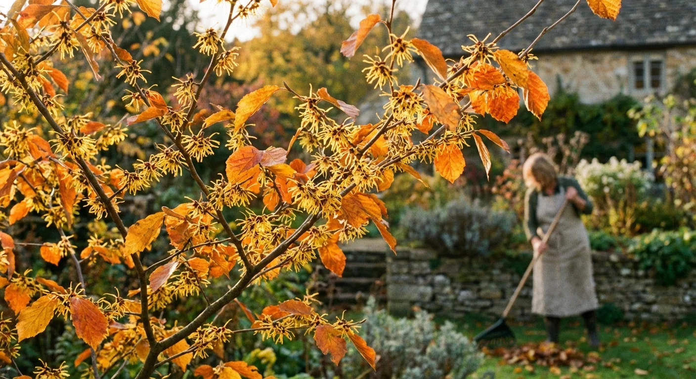 Yellow witch hazel flowers blooming on branches with orange autumn leaves.