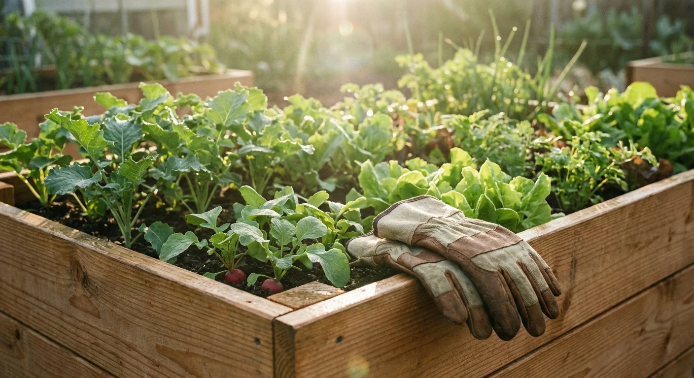 Young vegetable plants growing in a tidy wooden raised garden bed.