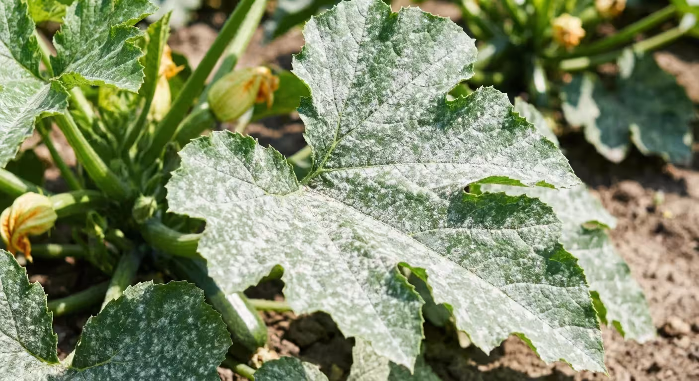 Zucchini leaves covered in a light dusting of white organic powder.