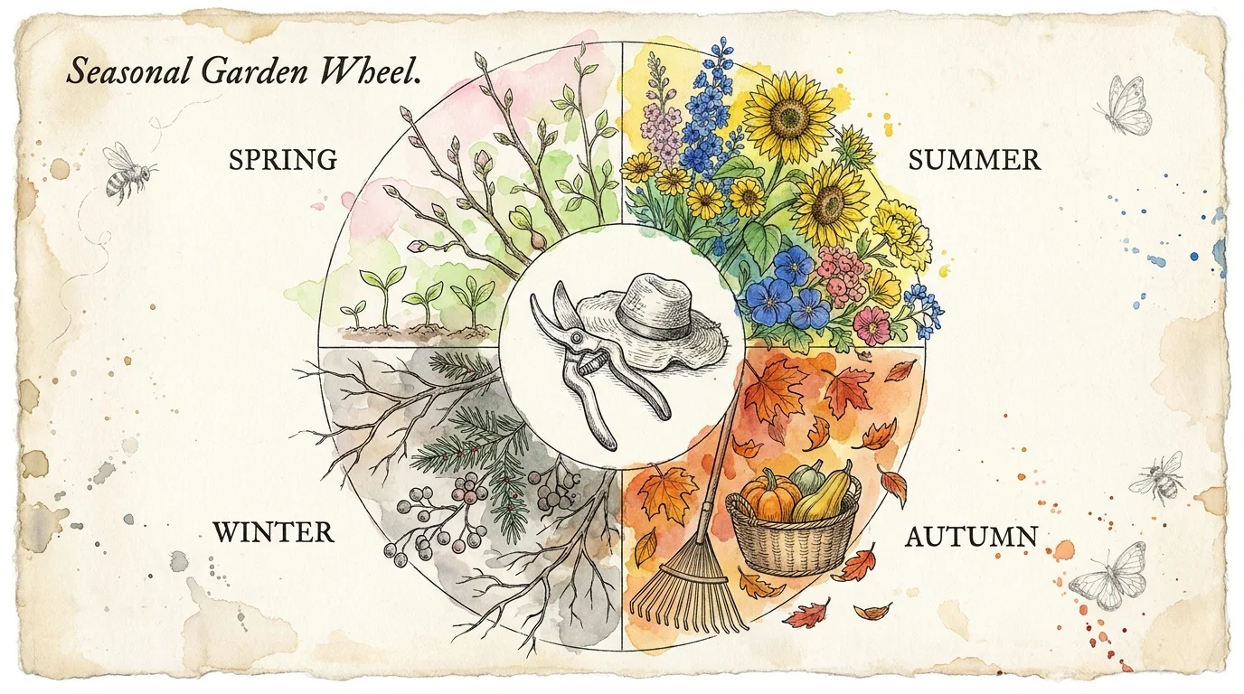 A beautiful watercolor wheel illustrating the four seasons of gardening with botanical details.