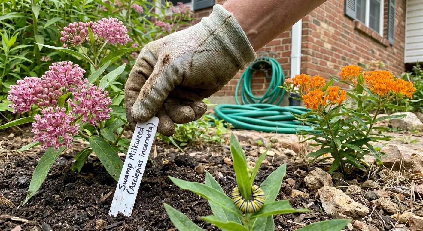 A close-up of a gardener labeling pink Swamp Milkweed and orange Butterfly Weed in a residential garden bed.