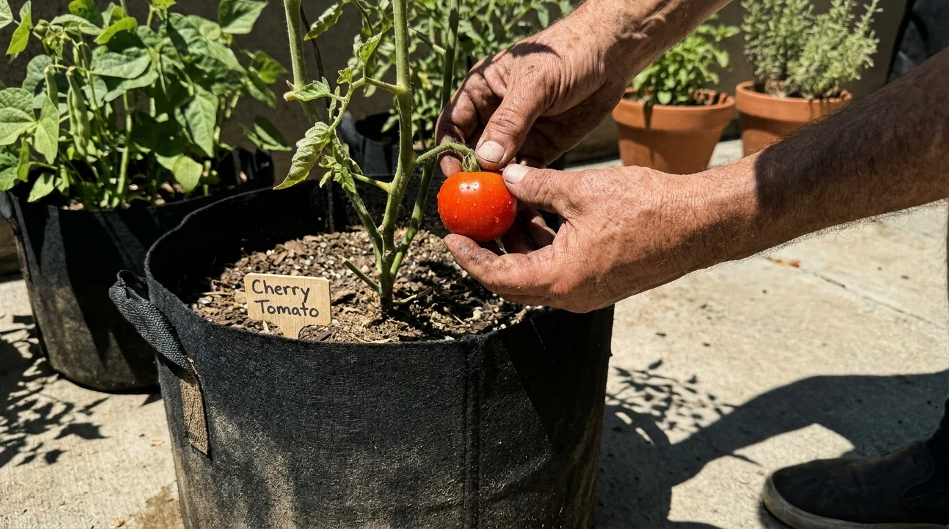 A close-up of hands picking a ripe cherry tomato from a container plant on a sunny patio.