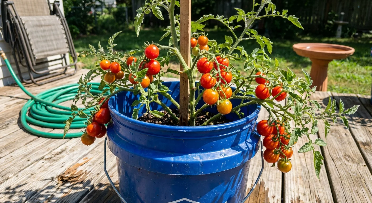 A close-up photo of a 'Patio Princess' cherry tomato plant growing in a blue five-gallon bucket on a wooden porch.