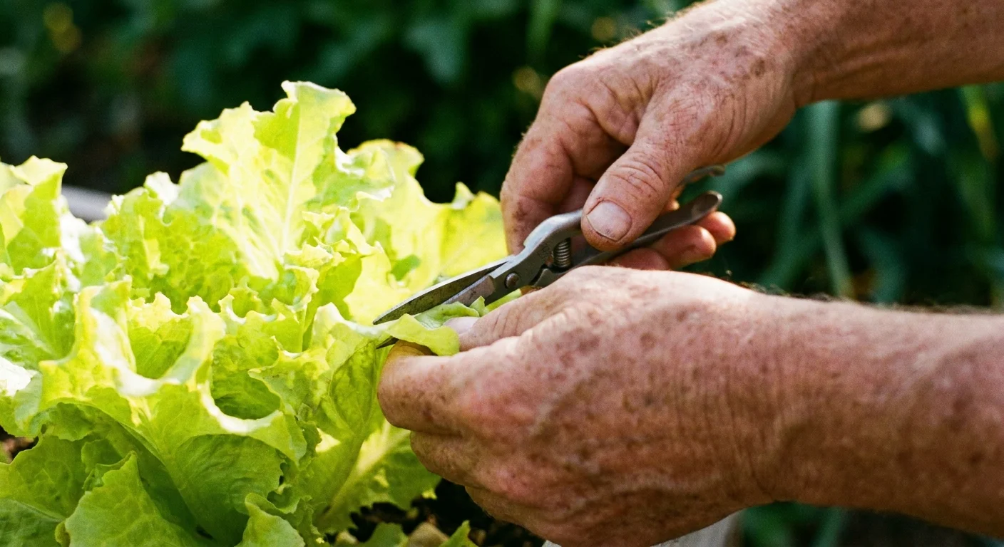 A close-up photo of a person's hands using shears to harvest bright green ruffled lettuce leaves in soft morning light.