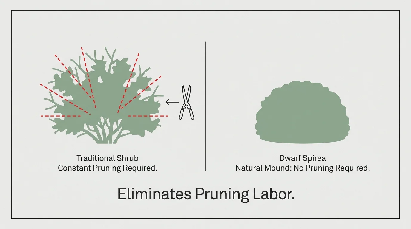 A comparison diagram showing a traditional shrub requiring pruning versus a Dwarf Spirea that maintains its shape naturally.