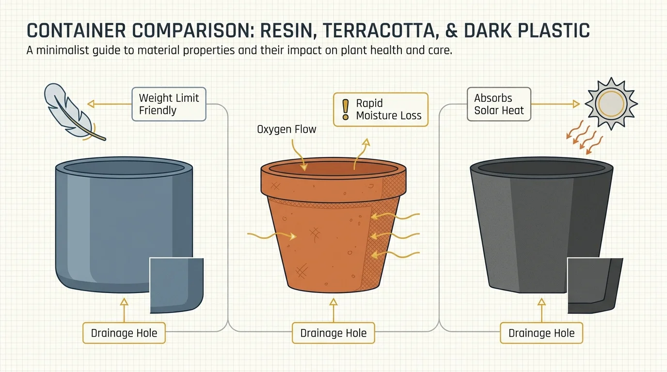 A comparison diagram showing the benefits and drawbacks of resin, terracotta, and plastic pots for container gardening.
