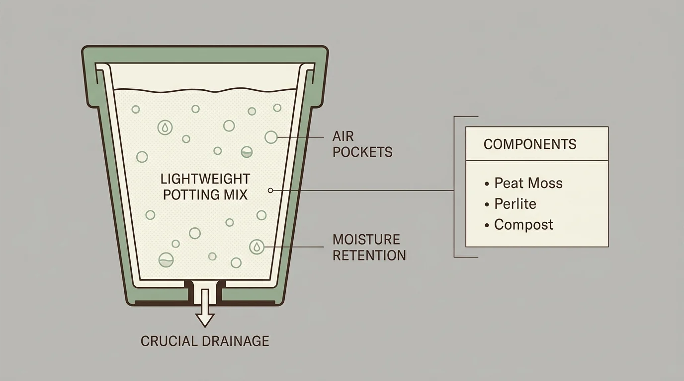 A cross-section diagram showing the layers of a proper container soil mix, including potting mix and drainage holes.