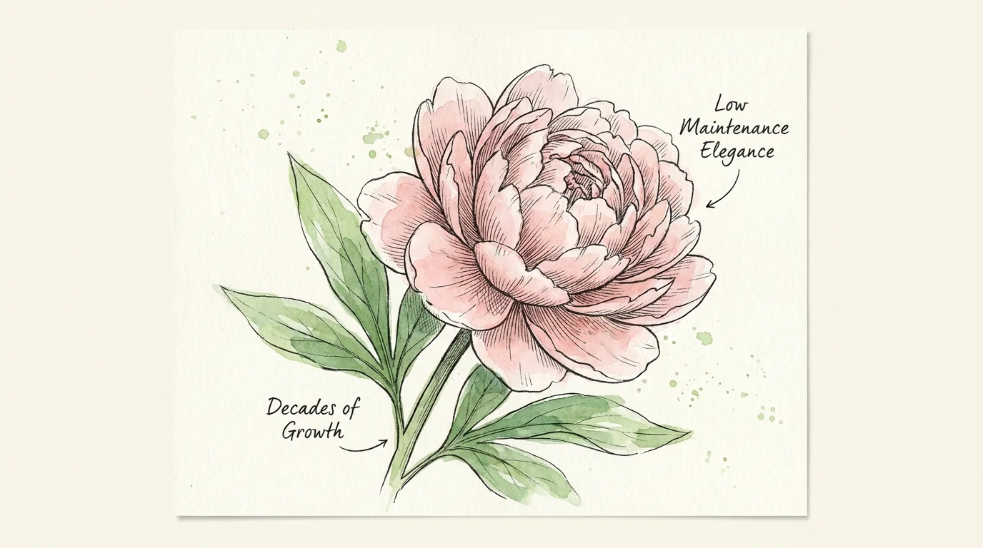A detailed watercolor illustration of a pink peony with handwritten labels about its long lifespan.