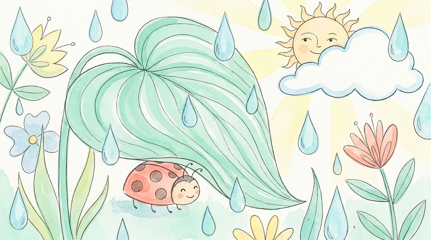 A gentle watercolor illustration of a ladybug under a hosta leaf during a soft rain shower.