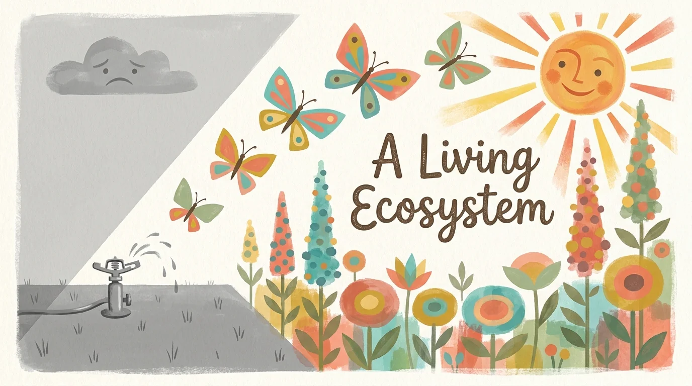 A gouache illustration showing a dull gray lawn transforming into a colorful, stylized garden filled with flowers and butterflies.