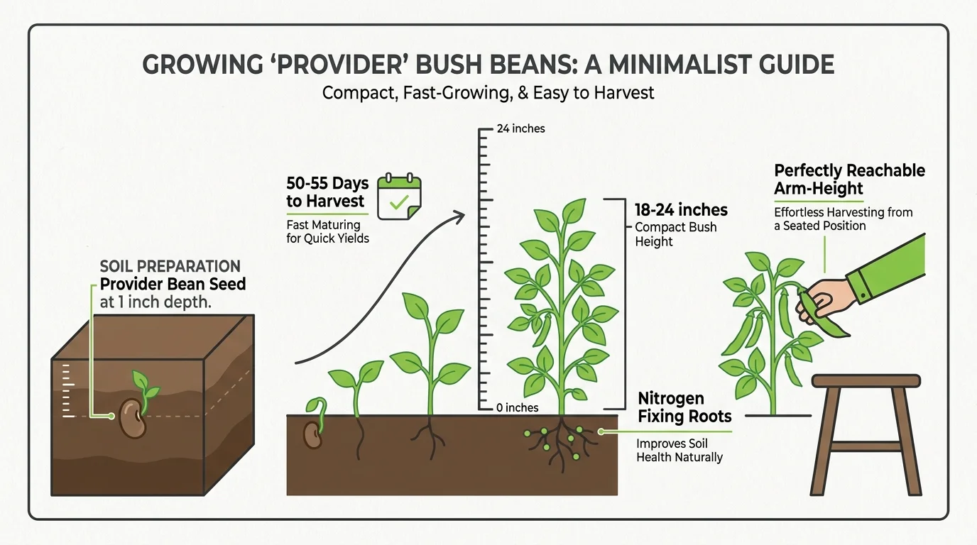 A growth diagram of bush beans showing their 18-24 inch height, 50-55 day harvest cycle, and nitrogen-fixing root system.