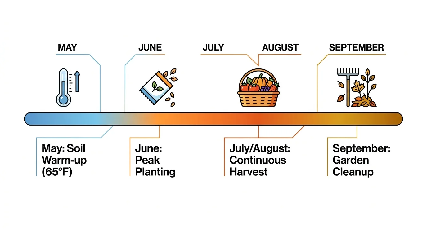 A horizontal timeline showing the summer gardening season from May soil warming to September cleanup.