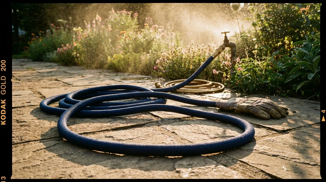 A lightweight blue expandable hose coiled neatly on a sunny stone patio next to a garden bed.