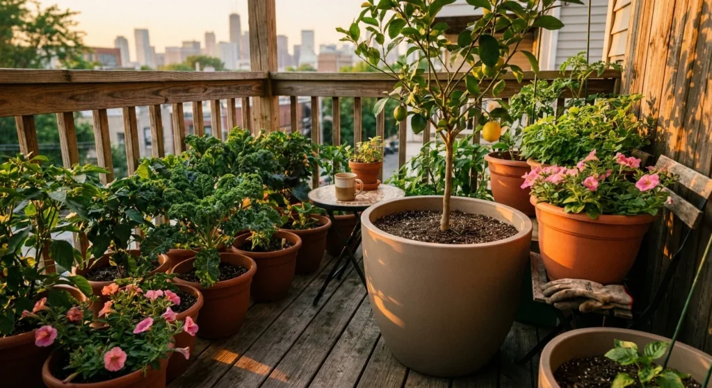 A lush container garden on a small wooden balcony at sunset, featuring lemon trees, kale, and flowers in various pots.