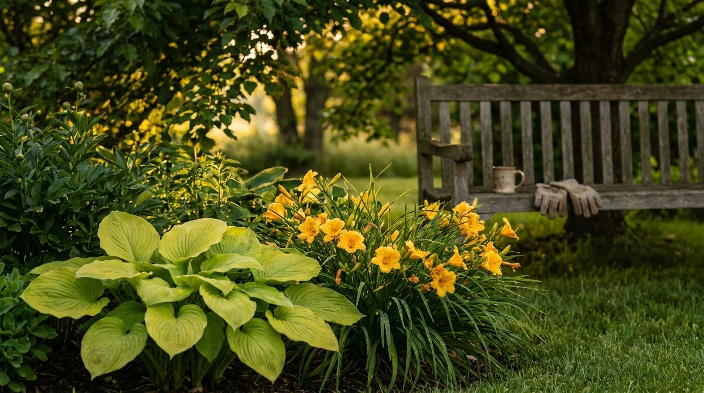 A lush garden with Hostas and Daylilies next to a wooden bench with gardening gloves in the warm evening light.