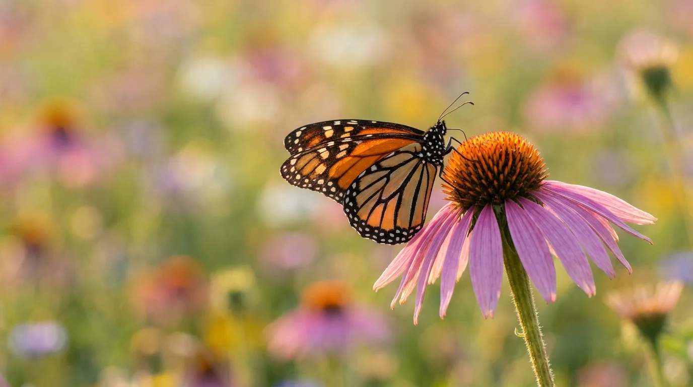 A macro photograph of a butterfly landing on a purple coneflower in a sunlit meadow.