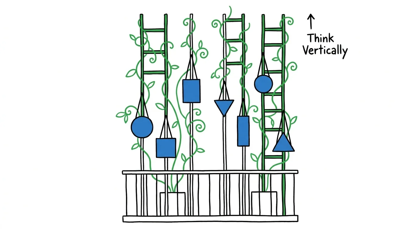 A minimalist line illustration showing plants growing vertically on trellises and hanging pots to save space.